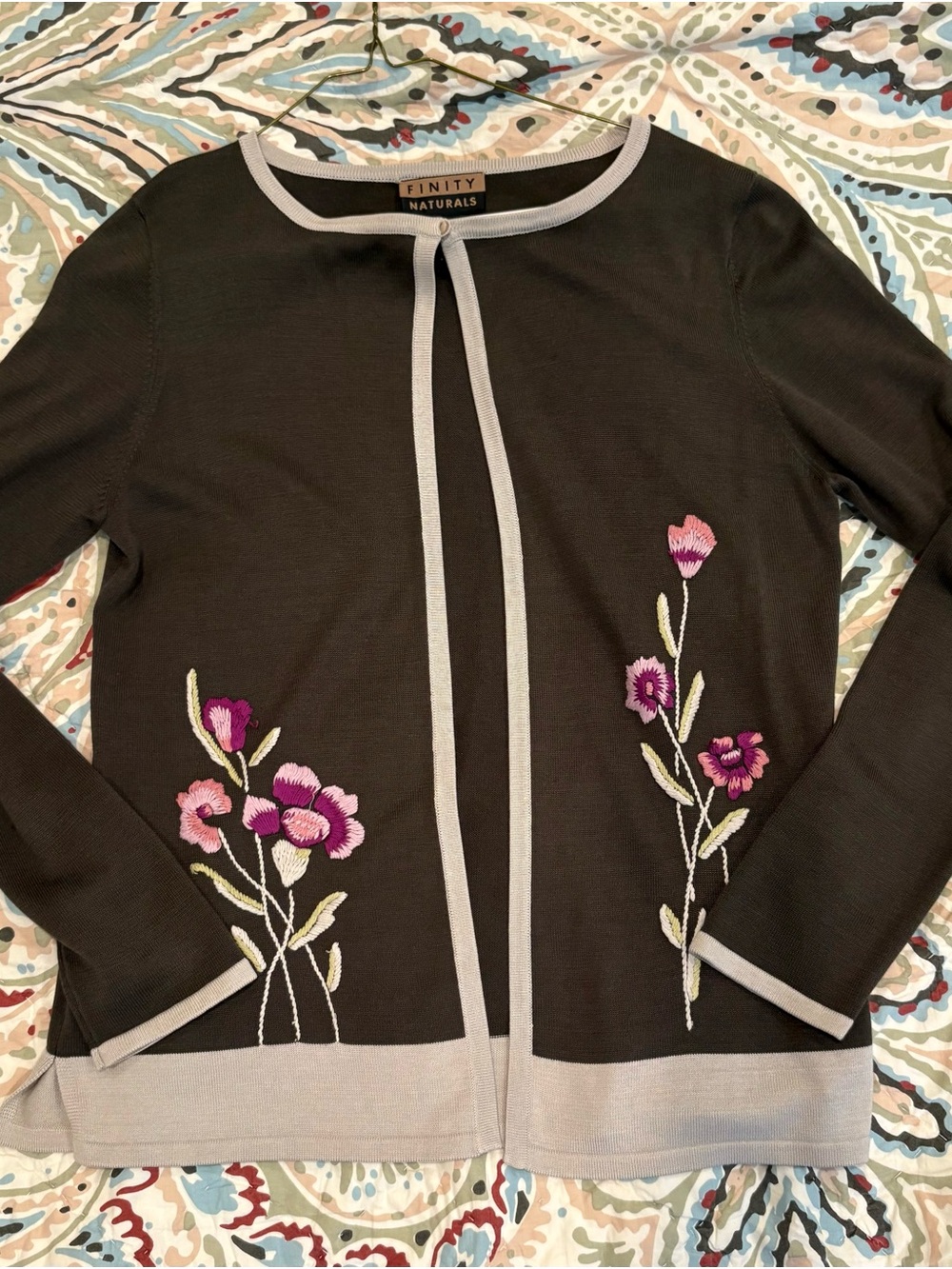 VNTG Finity Naturals Embroider Silk Cotton Cardigan Brown Purple Floral M Fairy